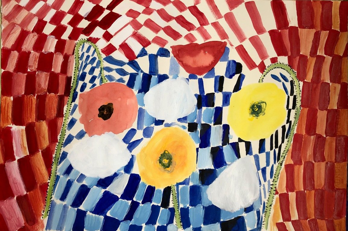 Poppies and checkers Acrylic and watercolour on paper 38x56 cm 2021   Price: 300€