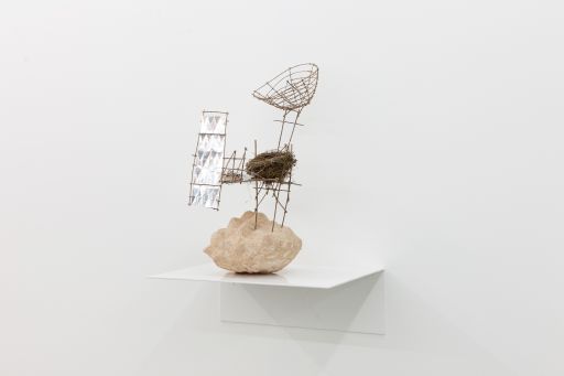 Serie "Si Darwin levantara la cabeza". Ramas, piedra, cuerda, aluminio y nido. 49x30x29 cm.	 2015
