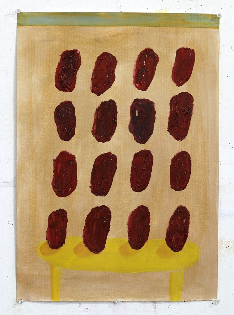 Sixteen Medjoul dates Oil and shellac on paper 50 x 35 cm 2020  Price: 910€